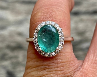 Oval Emerald Silver Birthstone Ring - Fine Quality 2.35 Carats