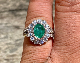 Emerald Cluster Ring: Natural Zircon Accents, Silver Birthstone Ring