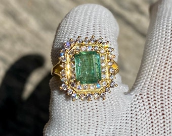 Anillo de bodas con halo de esmeralda de 14 quilates: anillo de diamantes art déco de 2,74 quilates