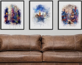 Set of 3 Wizarding Watercolor Prints, Wizard Castle, Wizard Village, Wizard Town
