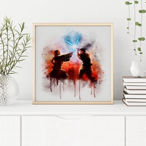 Skywalker vs Obi-Wan Kenobi aquarelle imprimable, impression d&#39;art Star Wars, cadeau Star Wars