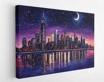 New York City Canvas Print, New York City Painting, Night Time New York City, Big Apple, New York City Moon Light, New York Wall Art