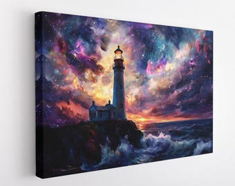 Lighthouse Canvas Print, Lighthouse Painting, Magical Lighthouse Art, Lighthouse Magical Night, Lighthouse Wall Decor, Cosmic Sky Wall Decor