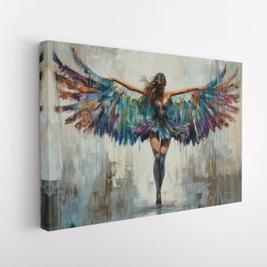 Stampa su tela di donna alata colorata, angelo fantasy con ali, decorazione di forte guerriera con ali, poster di maestosa dea alata