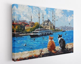 Istanbul Canvas Print, Istanbul City of Cats, Istanbul Wall Decor, Istanbul Landscape Painting, Framed Istanbul Decor, Istanbul Gift Decor