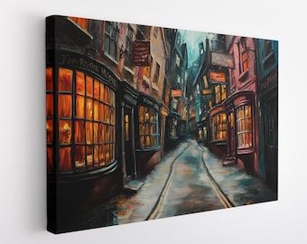 Wizard Alley Canvas Print, Wizard Street, Wizard Themed Art, Wizard Theme Painting, Magical Wizard Shopping Street Painting
