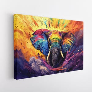 Stampa su tela di elefante arcobaleno vibrante, stampa artistica astratta della fauna selvatica, opera d'arte di elefante audace, stampa di animali spirituali tribali, arte murale Boho Safari