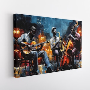 Stampa su tela jazz africana, arte murale jazz, dipinto di musica jazz, dipinto di musicisti, musica di strada, jazz club, dipinto su tela di musicisti