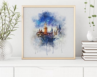 Zauberschloss Aquarell zum ausdrucken, Zauberschule, Zauberer Poster, Zauberer Druck