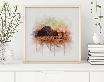 Acuarela imprimible de Tatooine, lámina artística de Tatooine, imprimible de Star Wars, póster de Star Wars, arte mural de Tatooine