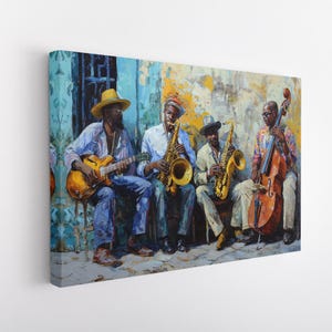 Stampa su tela di musicisti africani, dipinto di musica jazz, dipinto di musicisti, musica di strada, jazz club, arredamento musicale, dipinto su tela di musicisti