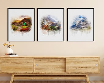 Set of 3 LOTR Watercolor Prints, The Shire, The Rivendell, The Gondor, Middle Earth, Lord of the Rings Gift,