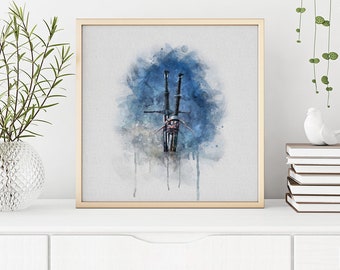 Acuarela imprimible de The Witcher, emblema imprimible de The Witcher, arte imprimible de The Witcher, póster de The Witcher, Geralt de Rivia