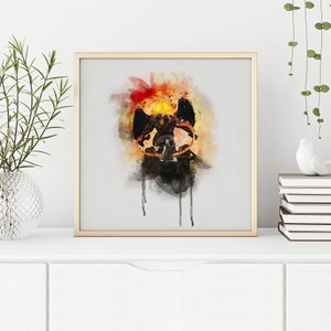 May include: A watercolor painting of a winged demon with a fiery halo, surrounded by a ring of fire. The demon is depicted in a dark, shadowy style, with a menacing expression.