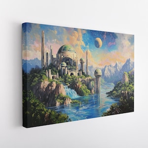 May include: A painting of a fantasy city with white buildings and a green dome, surrounded by lush green trees and waterfalls. The city is situated on a rocky cliff overlooking a blue lake. A large moon hangs in the sky above the city.
