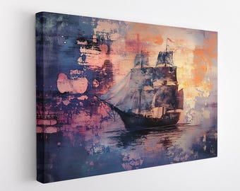 Abstract Ship Canvas Print, Mystic Voyage – Abstract Nautical Ship Wall Art | Vintage Sailboat Ocean Sunset Print | Dreamy Maritime Decor