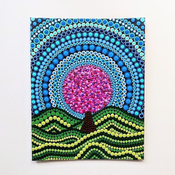 Magical Moon Tree - Original Hand Painted Dot Mandala Painting. Dot Art Mandala Home Decor, Zen Yogi Colourful Tree 8 x 10 Wall Art.