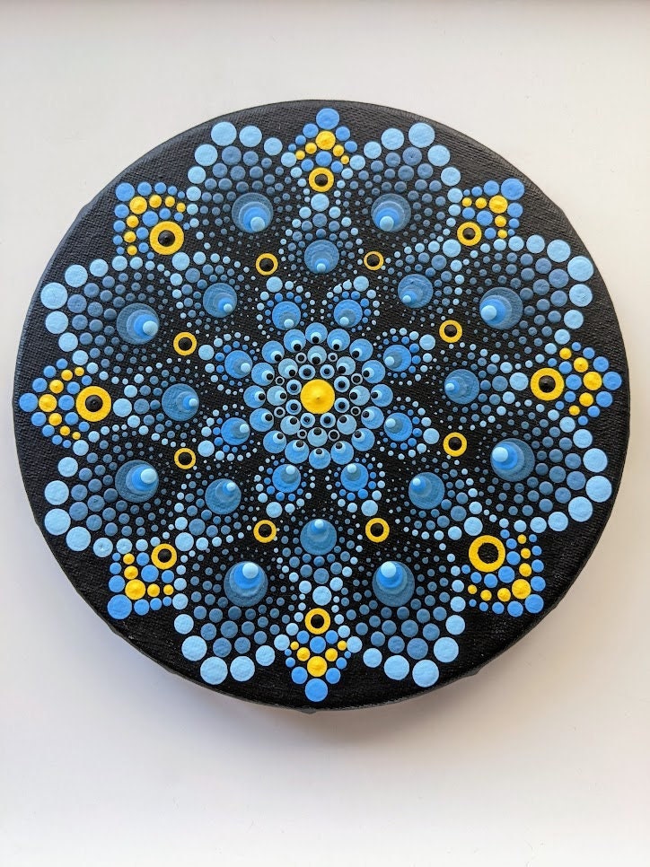 Original Dot Mandala Painting on Round Canvas. Ocean Shimmer Dot Art,  Meditation Wall Art. Zen, Boho Painting, Geometric Artwork. 