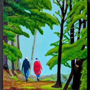 Walk in the Woods - Acryl-Waldspaziergang Gemälde. Handgemalte Waldlandschaft. Zwei Spaziergänger im Wald.