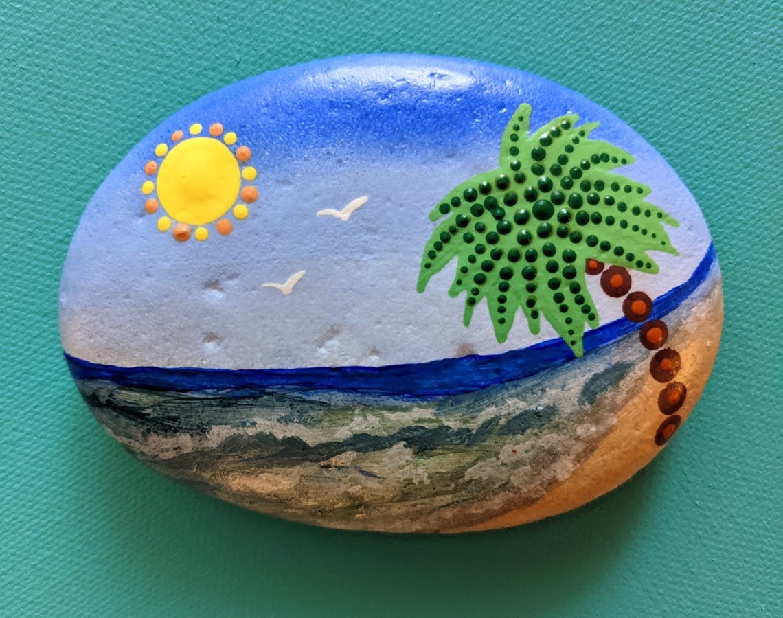 Palm Tree Beach Sun Fishbowl Painted Rock | Etsy