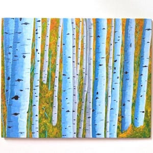 Magical Blue Birch Forest - Original 8 x 10 acrylic painting on canvas board. Nature wall decor. Birch trees painting.