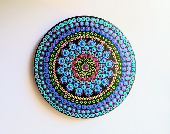 Original Dot Mandala Painting on Round Canvas. Ocean Shimmer Dot