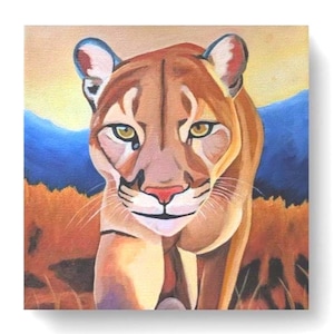 Wild Curiosity - Original 8 x 8 mountain lion painted on wrapped canvas. Big cat wall art.