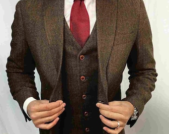 Brown Herringbone Tweed 3 Piece Suit, Elegant Custom Tailored Formal Attire, Ideal for Weddings and Special Occasion, Perfect Groomsmen Gift