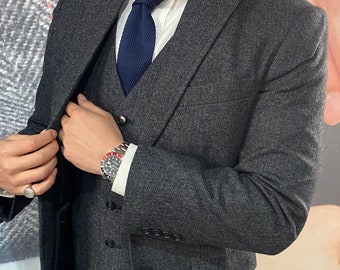 Elegant Black Herringbone Tweed Suit Set,Timeless Men's Formal Outfit, Ideal for Special Occasions or Holiday Gift, Wedding or Business Gift