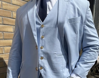 Light Blue 3 Piece Linen Men&#39;s Suit, Elegant and Comfortable, Perfect for Special Occasions, Groomsmen Gift Idea