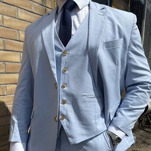 Light Blue 3 Piece Linen Men&#39;s Suit, Elegant and Comfortable, Perfect for Special Occasions, Groomsmen Gift Idea