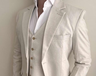 3 Piece Linen Cream Suit, Elegant Custom Tailored Formal Attire, Ideal for Weddings and Special Occasions, Perfect Groomsmen Gift