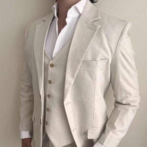 3 Piece Linen Cream Suit, Elegant Custom Tailored Formal Attire, Ideal for Weddings and Special Occasions, Perfect Groomsmen Gift