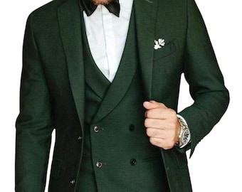 Traje verde de tres piezas para hombre, corte entallado, para novio de boda