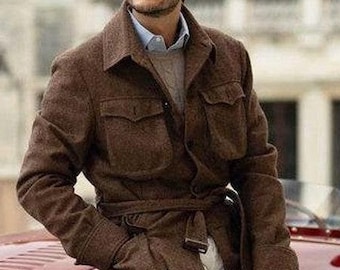 Men's Brown Wool Belted Suit, Old Money Style, Prom Suit