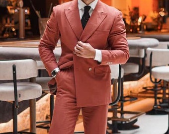 Elegant Terracotta Linen Double-Breasted Suit, Lightweight and Sophisticated Men&#39;s Suit for Formal Events, Ideal Groomsmen Gift