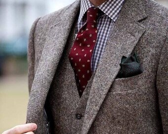 Men 1920 Tweed Wool Three Piece Vintage Style Brown Mens Suit, Custom Formal, for Weddings and Special Occasion, Perfect Groomsmen Gift