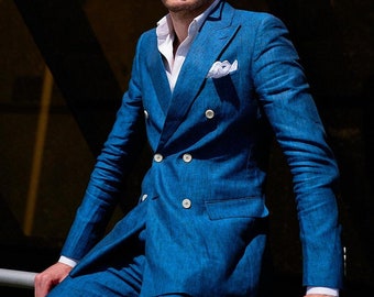 Blue Linen Double-Breasted Suit, Unlined Lightweight Formal Wear, Perfect for Weddings and Special Events, Ideal Groomsmen Gift