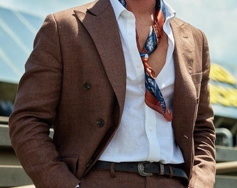 Lightweight Brown Linen Double Breasted Suit, Stylish Men&#39;s Suit for Events, Summer Formal Wear, Birthday Gift
