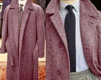 Men's Wool Blend Herringbone Overcoat: Tweed Double-Breasted Belted Coat