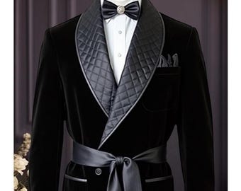Men's Black Velvet Quilted Smocking Jacket, Luxury Robe Style
