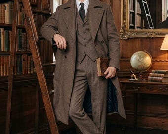 Vintage Inspired Tweed Brown Three Piece Suit, Men's Waistcoat & Trousers, Classic Heritage Menswear