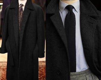 Men's Wool Blend Herringbone Overcoat, Tweed Double Breasted Belted Coat