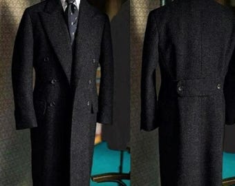 Custom Black Herringbone Tweed Overcoat, Peak Lapel, Winter Wear Coat