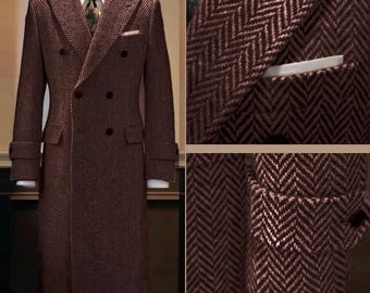 Herringbone Men Coats Long Overcoats Tweed Wool Blend Double
