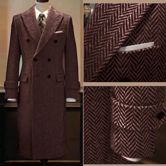 Herringbone Men Coats Long Overcoats Tweed Wool Blend Double