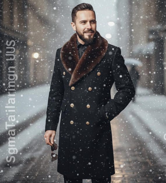 Men's Wool Overcoat, Double Breasted Trench Coat, Cosy Fleece