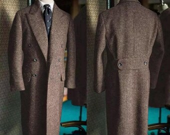 Custom Brown Herringbone Tweed Overcoat, Peak Lapel, Winter Wear
