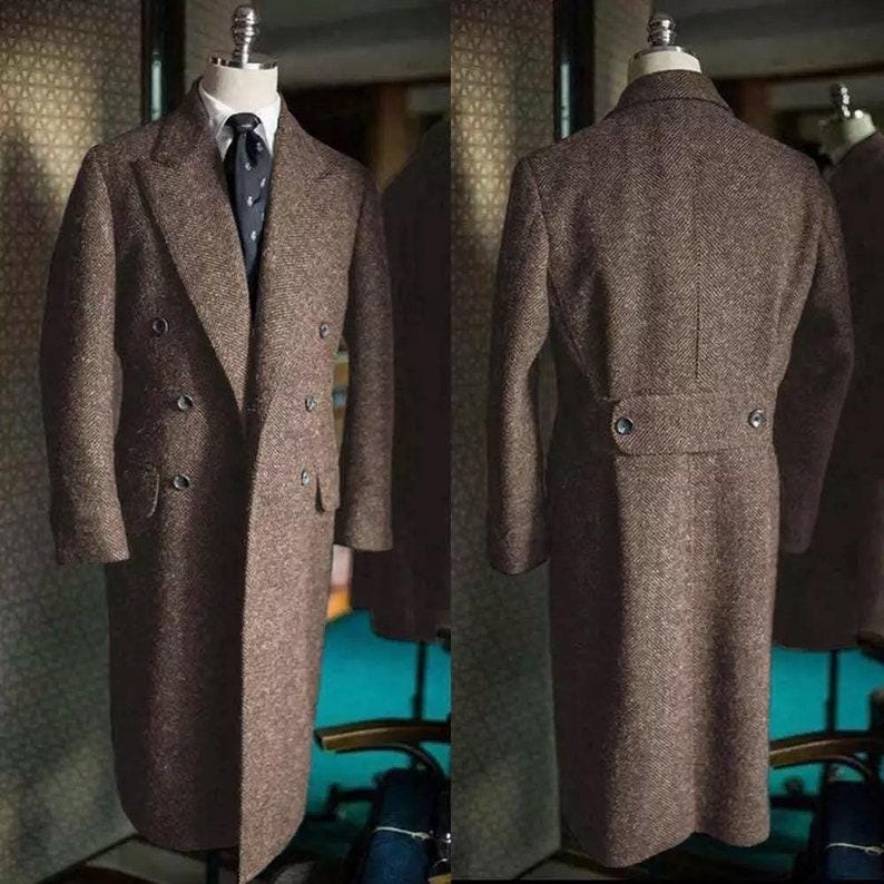 Custom Brown Herringbone Tweed Overcoat, Peak Lapel, Winter Wear