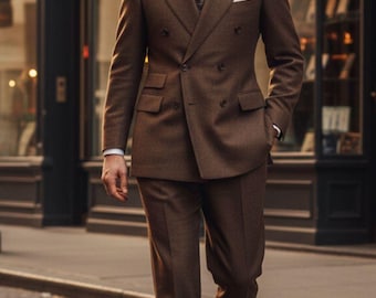 Brown Tweed 2 Piece Double Breasted Suit, Elegant Custom Tailored Formal Attire, Ideal for Weddings and Groomsmen.